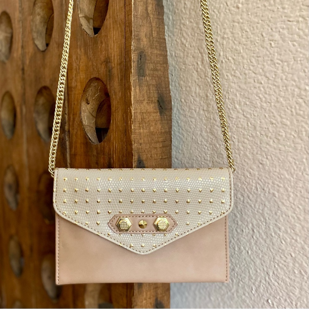 Crossbody Bag / Wallet on a Chain ~ Tan 2-Toned ~ Gold Studded ~ Gold Chain  EUC